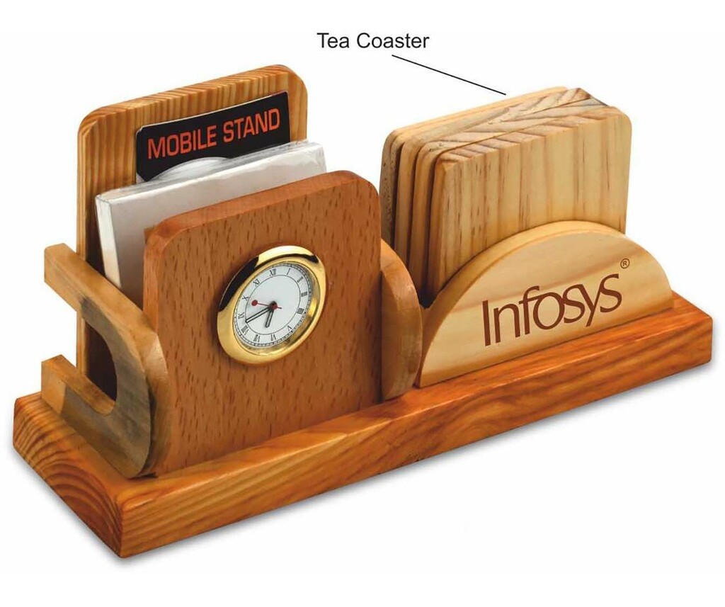 Wooden Coaster & Mobile Stand With Clock | Premium Corporate Gift